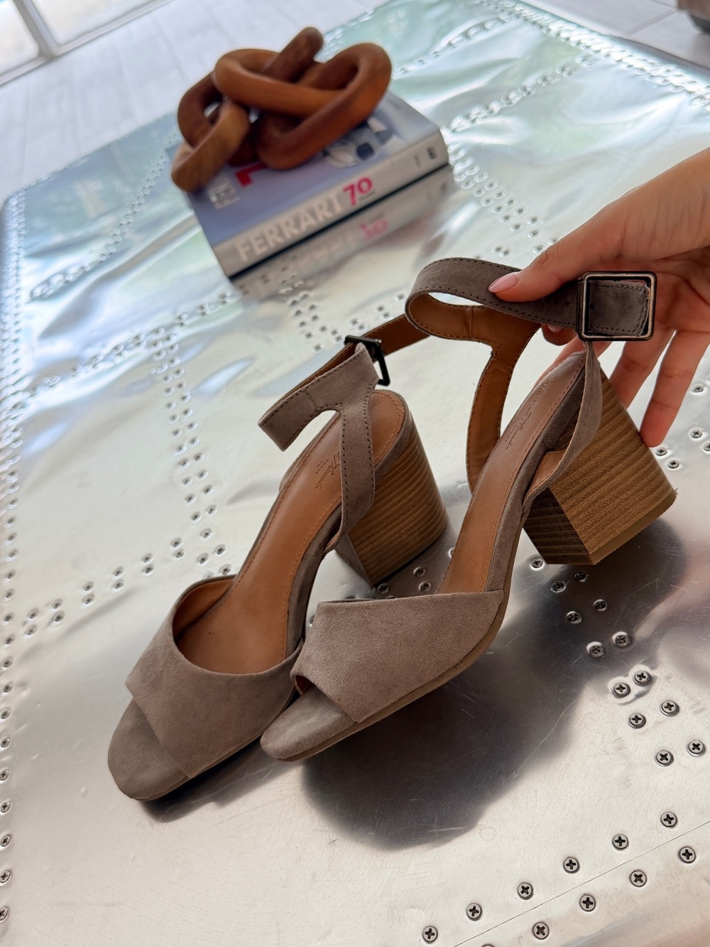 Universal Thread Taupe Suede Block Heel Sandals with Ankle Buckle